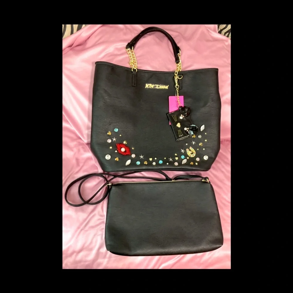 Betsy Johnson Large Black Studded Pins Tote w/ Small Crossbody. NWT! - Picture 10 of 16